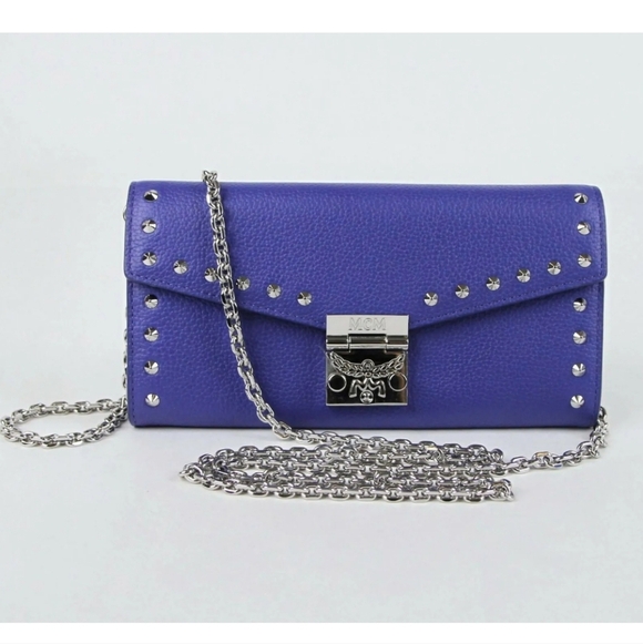 NWT MCM Spectrum Blue Leather Patricia Large Studded Chain Wallet! - Picture 2 of 8